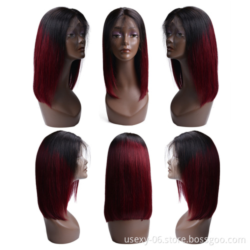 180% density Glueless Remy Peruvian Human Hair ombre Dark Red 99j Lace Front Short Wavy Bob Wig